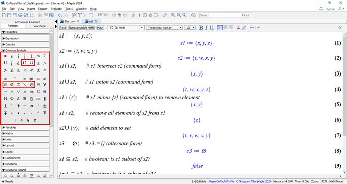 عملگرها و نمادهای مجموعه در میپل (Maple Set Operators and Symbols)