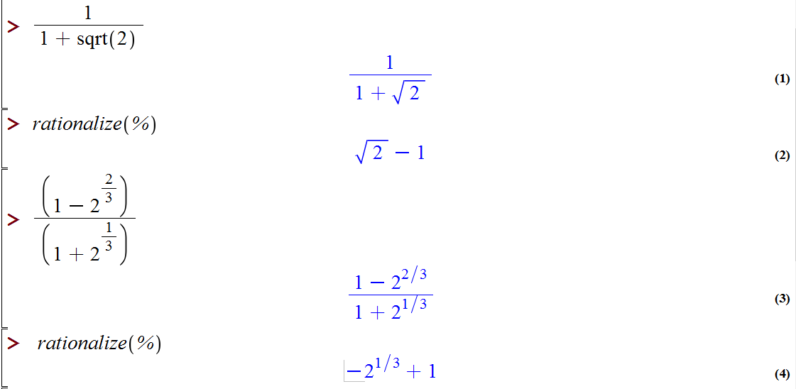 گویا کردن مخرج کسرها در میپل (rationalize denominator in Maple)